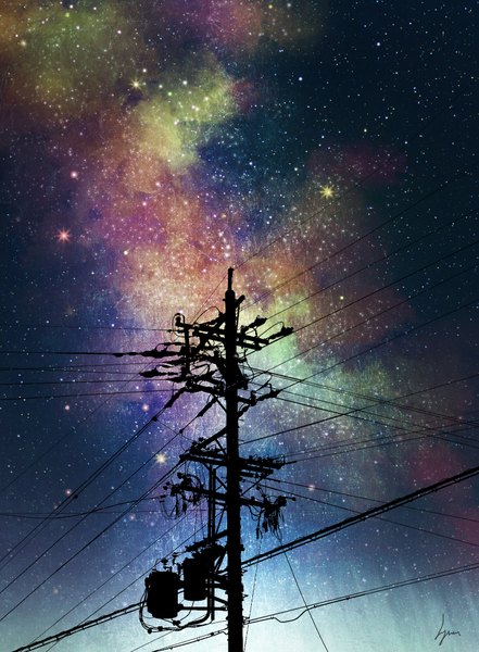 Anime picture 1530x2082 with niko p tall image signed night landscape star (stars) power lines