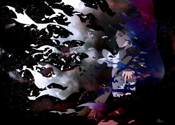 Anime picture 1200x863 with shingeki no kyojin production i.g levi (rivaille) kai28 single short hair black hair simple background signed wind black background boy cape feather (feathers) neckerchief