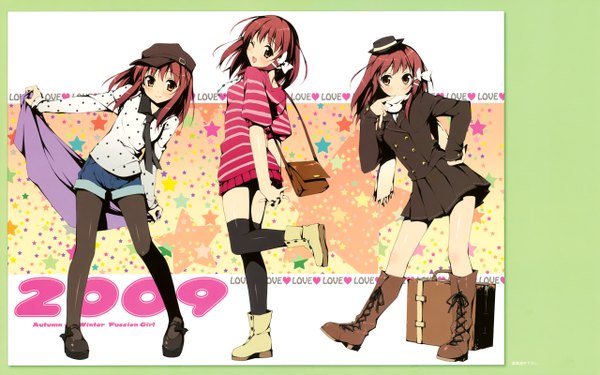 Anime picture 2560x1600 with 5 nenme no houkago (artbook) kantoku highres smile wide image white background multiple girls brown eyes red hair looking back hand on hip multiple persona 2009 girl bow hair bow hat shorts boots star (symbol)