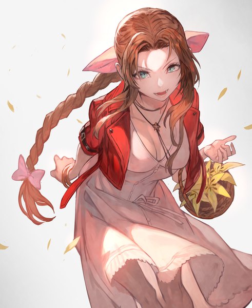 Anime picture 1227x1500 with final fantasy final fantasy vii final fantasy vii remake square enix aerith gainsborough lack single long hair tall image looking at viewer fringe breasts open mouth simple background brown hair standing holding payot cleavage braid (braids)
