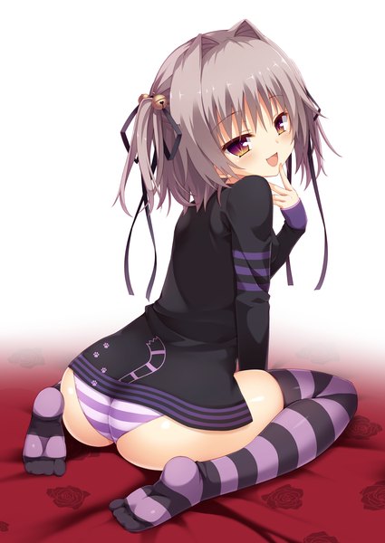 Anime picture 1791x2529 with hapymaher naitou maia yuzu modoki single tall image looking at viewer blush fringe highres short hair open mouth light erotic simple background purple eyes yellow eyes ass head tilt looking back grey hair fang (fangs)