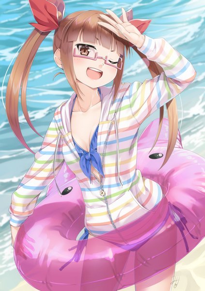 Anime picture 827x1169 with idolmaster idolmaster cinderella girls ikebukuro akiha miri (ago550421) single long hair tall image looking at viewer blush fringe breasts open mouth light erotic smile brown hair standing twintails brown eyes signed payot