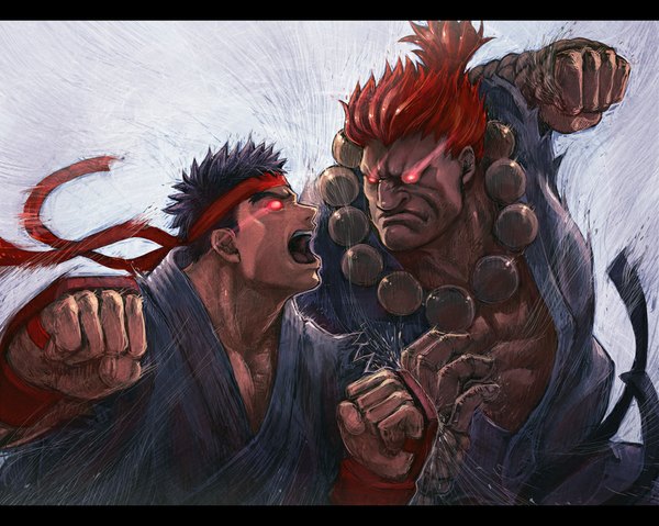 Anime picture 1000x799 with street fighter ryu (street fighter) akuma gouki evil ryuu boyaking(sbf) short hair open mouth black hair simple background red hair glowing glowing eye (eyes) muscle battle boy hairband beads