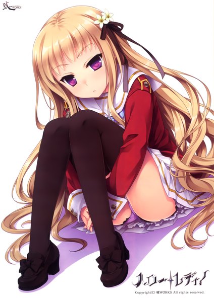 Anime picture 2776x3924 with hello lady akatsuki-works takazaki eru saeki hokuto single long hair tall image looking at viewer highres light erotic blonde hair purple eyes scan pantyshot pantyshot sitting girl thighhighs uniform underwear panties