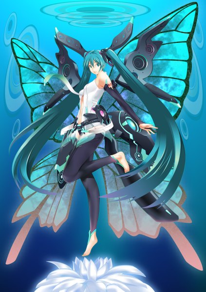 Anime picture 1748x2480 with vocaloid vocaloid append hatsune miku hatsune miku (append) tagme (artist) tall image highres twintails green eyes very long hair barefoot green hair blue background insect wings butterfly wings mecha musume girl flower (flowers) wings