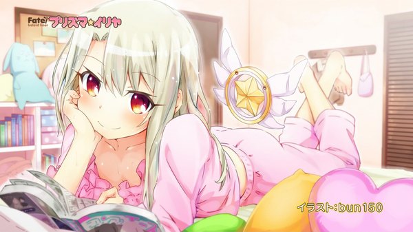 Anime picture 1920x1080 with fate (series) fate/kaleid liner prisma illya illyasviel von einzbern prisma illya magical ruby bun150 single long hair looking at viewer blush fringe highres smile hair between eyes red eyes wide image signed payot indoors lying