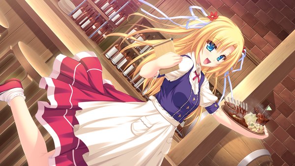 Anime picture 1920x1080 with ryuuyoku no melodia carlyle mel tenmaso long hair highres open mouth blue eyes blonde hair wide image game cg waitress girl ribbon (ribbons) hair ribbon food