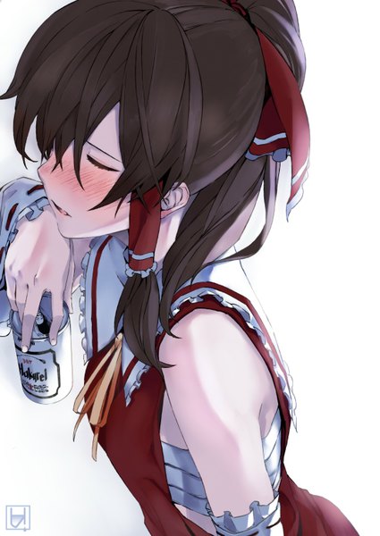 Anime picture 1075x1518 with touhou hakurei reimu hato (ryusui) single long hair tall image blush brown hair white background bare shoulders eyes closed miko drunk girl bow hair bow bandage (bandages) alcohol beer