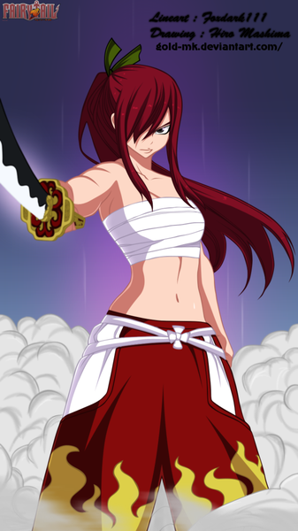 Anime picture 720x1280 with fairy tail erza scarlet gold-mk single long hair tall image fringe light erotic brown eyes ponytail red hair hair over one eye inscription bare belly midriff coloring smoke girl navel bow