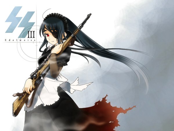 Anime picture 1024x768 with edelweiss (inspire) single long hair black hair red eyes ahoge maid torn clothes nazi girl weapon headdress gun maid headdress eyepatch rifle