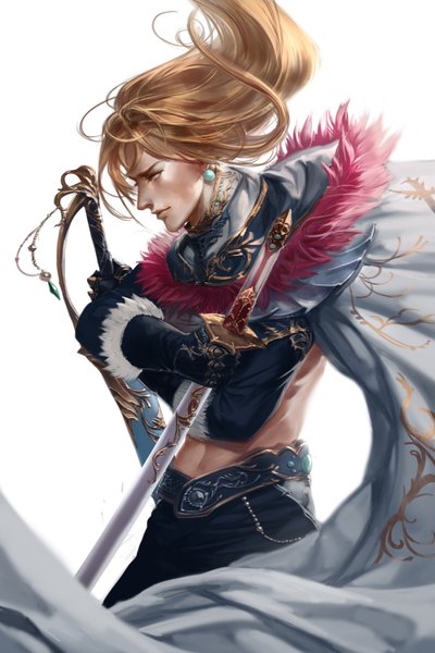 Anime picture 1000x1500 with xiaobotong single long hair tall image simple background blonde hair white background holding profile dual wielding boy gloves weapon earrings sword belt armor fur cape