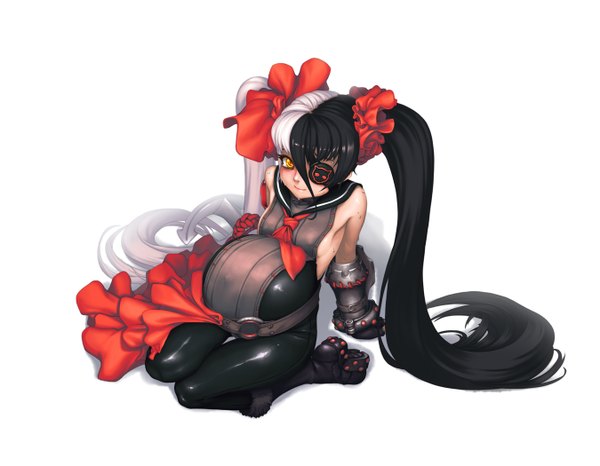 Anime picture 1350x1049 with blade & soul po hwa ran (blade & soul) ryun (artist) single looking at viewer blush light erotic black hair simple background hair between eyes white background twintails yellow eyes white hair very long hair multicolored hair two-tone hair sweat pregnant girl
