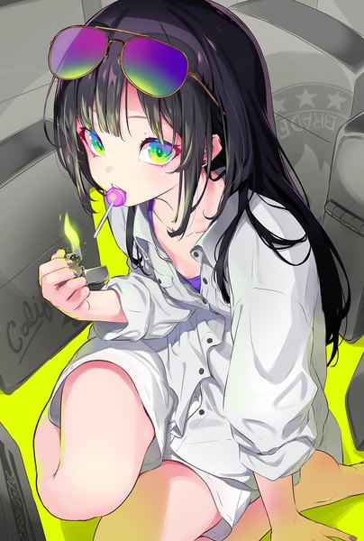 Anime picture 857x1273 with original nilitsu single long hair tall image looking at viewer fringe black hair sitting holding green eyes blunt bangs nail polish barefoot from above arm support mouth hold open collar sunglasses on head multicolored eyes