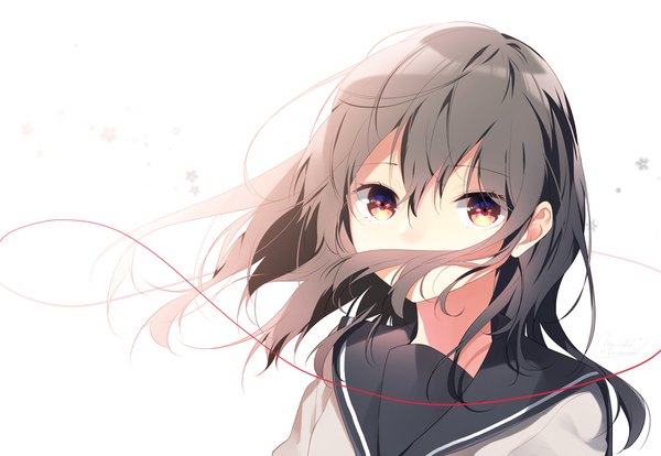 Anime picture 3710x2560 with original kaname monika single long hair looking at viewer fringe highres black hair simple background hair between eyes white background brown eyes absurdres wind covered mouth girl uniform serafuku thread red thread