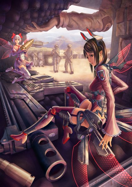 Anime picture 1748x2480 with original pinakes long hair tall image looking at viewer highres short hair black hair red eyes sitting multiple girls brown eyes white hair mechanical mechanical wings girl dress boy uniform weapon