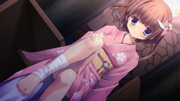 Anime picture 1280x720 with izayoi no fortuna kujou otome miyasaka miyu blush short hair blue eyes brown hair wide image game cg traditional clothes japanese clothes barefoot loli legs girl hair ornament kimono bandage (bandages)