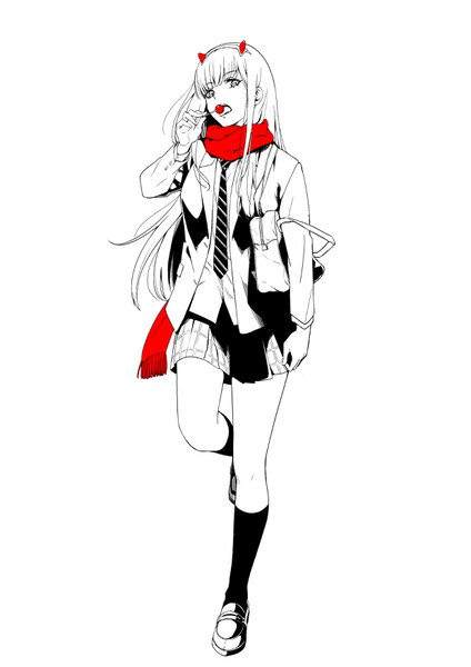 Anime picture 2480x3508 with darling in the franxx studio trigger zero two (darling in the franxx) opyonn single long hair tall image looking at viewer fringe highres open mouth simple background standing white background full body horn (horns) monochrome walking licking plaid