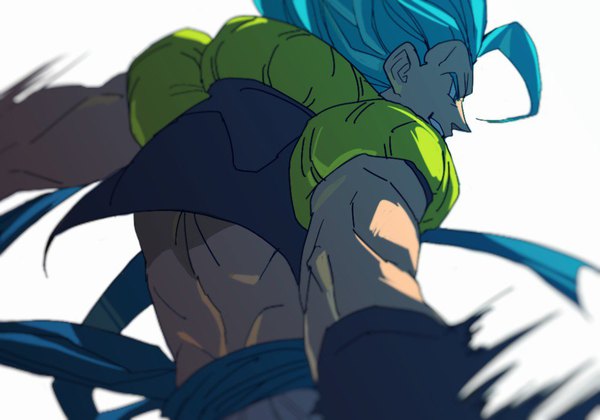 Anime picture 1000x700 with dragon ball dragon ball super broly gogeta tako jirou single long hair blue eyes simple background white background blue hair looking away upper body ahoge profile from behind boy vest