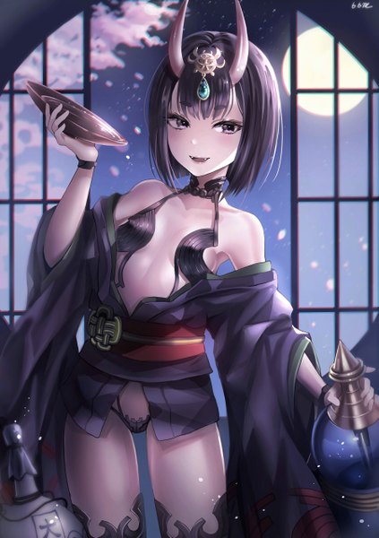 Anime picture 1800x2550 with fate (series) fate/grand order shuten douji (fate) blue blood moon single tall image looking at viewer blush fringe highres short hair breasts open mouth light erotic smile standing purple eyes bare shoulders holding signed