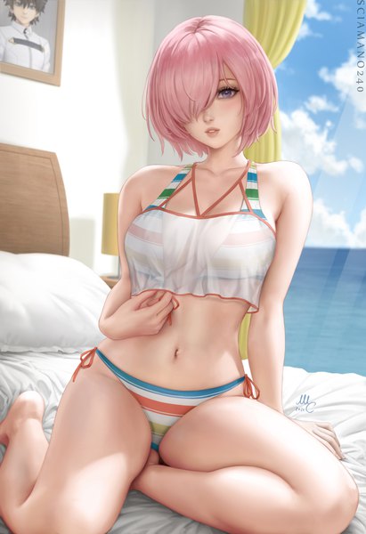 Anime picture 2053x3000 with fate (series) fate/grand order mash kyrielight fujimaru ritsuka (male) mash kyrielight (swimsuit of perpetual summer ver.02) sciamano240 single tall image looking at viewer blush fringe highres short hair breasts light erotic large breasts sitting purple eyes signed pink hair
