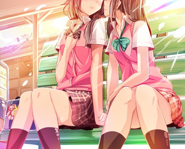Anime picture 990x800 with original haruka natsuki long hair blush smile brown hair multiple girls bent knee (knees) pleated skirt sunlight side ponytail hand on chest plaid skirt shoujo ai open collar face to face head out of frame no face girl skirt