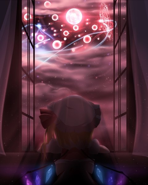 Anime picture 800x1000 with touhou flandre scarlet minust single tall image short hair blonde hair standing twintails looking away cloud (clouds) back magic red moon girl wings window moon star (stars) full moon