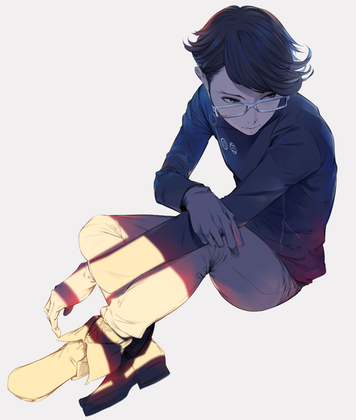 Anime picture 1000x1178 with occultic;nine a-1 pictures hashigami sarai sousou (sousouworks) single tall image fringe short hair blue eyes black hair simple background sitting looking away full body from above grey background shadow crossed legs turning head lacing