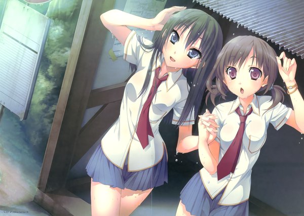 Anime picture 4918x3500 with original katagiri hinata long hair looking at viewer highres short hair open mouth blue eyes black hair brown hair multiple girls brown eyes absurdres from above scan holding hands rain girl skirt uniform