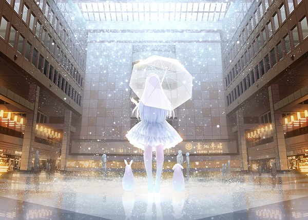 Anime picture 906x648 with original ritsuki single long hair standing holding barefoot inscription light snowing reflection winter rain snow transparent umbrella albino girl dress animal white dress