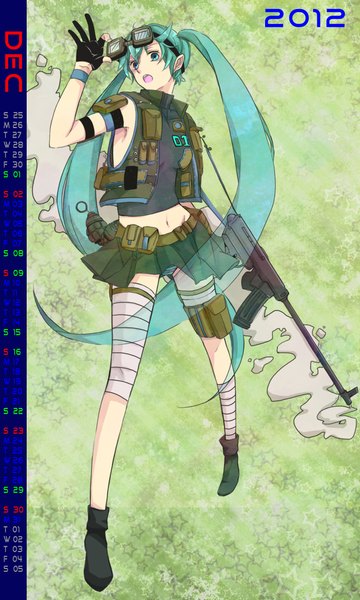 Anime picture 2700x4500 with vocaloid vocaloid calendar 2012 hatsune miku single tall image highres open mouth twintails very long hair aqua eyes aqua hair green background 2012 calendar 2012 girl gloves uniform star (symbol) gun bandage (bandages)