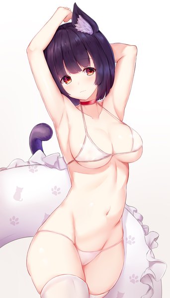 Anime picture 1000x1754 with azur lane yamashiro (azur lane) airool single tall image looking at viewer blush fringe short hair light erotic black hair simple background red eyes standing white background bare shoulders animal ears payot tail head tilt