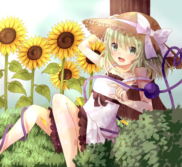 Anime picture 1300x1192 with touhou komeiji koishi tochika (sakochi) single looking at viewer blush short hair open mouth smile sitting bare shoulders green eyes sky cloud (clouds) outdoors green hair off shoulder reclining against tree girl