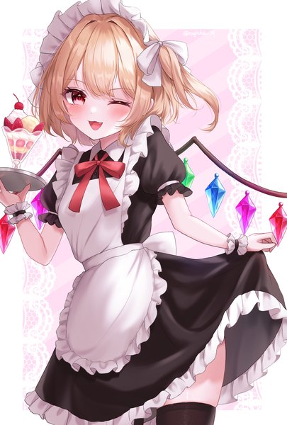 Anime picture 1437x2130 with touhou flandre scarlet naarsann single tall image looking at viewer blush fringe short hair open mouth blonde hair hair between eyes red eyes one eye closed wink maid one side up border ;d outside border