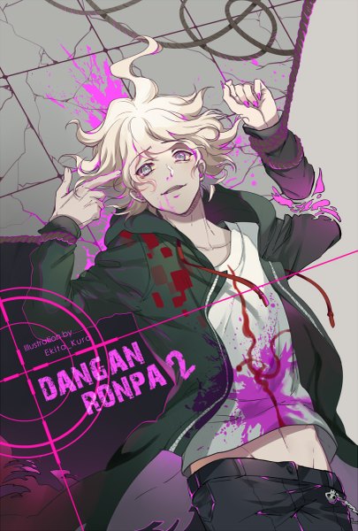 Anime picture 811x1200 with dangan ronpa super dangan ronpa 2 komaeda nagito ekita xuan single tall image looking at viewer short hair open mouth signed white hair bare belly grey eyes copyright name groin messy hair crack boy blood rope