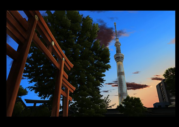 Anime picture 1024x724 with original cassell sky cloud (clouds) city border evening sunset cityscape no people landscape plant (plants) tree (trees) building (buildings) torii