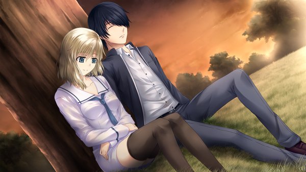 Anime picture 1024x576 with tokyo babel short hair blue eyes black hair wide image sitting game cg white hair eyes closed couple girl thighhighs boy uniform black thighhighs plant (plants) school uniform tree (trees)