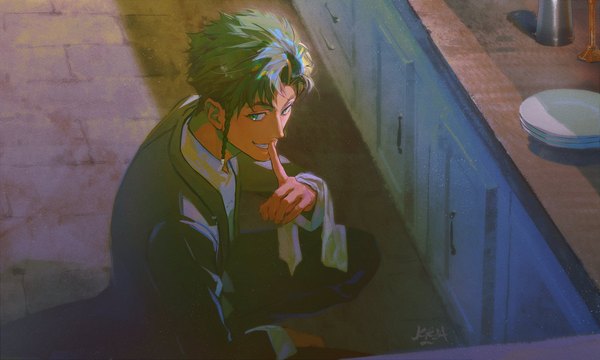 Anime picture 2048x1228 with fire emblem fire emblem: three houses nintendo claude von riegan kkia single highres short hair black hair smile wide image green eyes signed looking away from above grin finger to mouth squat boy suit