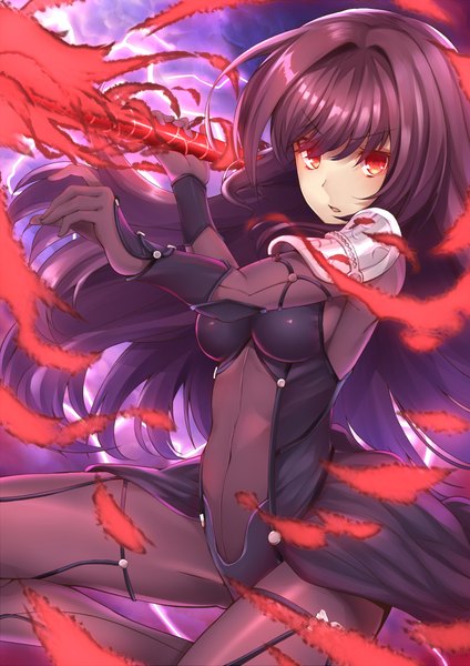 Anime picture 1500x2121 with fate (series) fate/grand order type-moon scathach (fate) (all) scathach (fate) hachiroku (hatirokusann86) single long hair tall image looking at viewer fringe breasts open mouth red eyes holding purple hair outstretched arm lightning skin tight girl