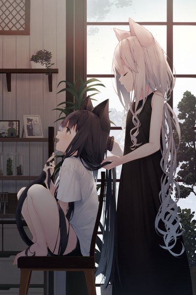 Anime picture 3750x5616 with original tokuno yuika long hair tall image blush fringe highres open mouth black hair smile standing sitting bare shoulders multiple girls brown eyes animal ears absurdres silver hair full body bent knee (knees)