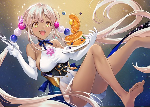 Anime picture 2113x1500 with virtual youtuber hololive hololive english tsukumo sana usaslug (tsukumo sana) shiao single highres breasts open mouth light erotic twintails yellow eyes payot white hair very long hair :d barefoot bare legs sideboob