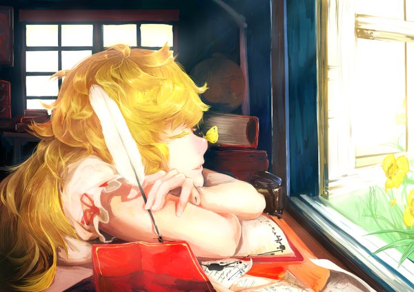 Anime-Bild 1800x1273 mit original kaatoso single long hair highres blonde hair eyes closed profile girl flower (flowers) window book (books) insect butterfly feather (feathers)