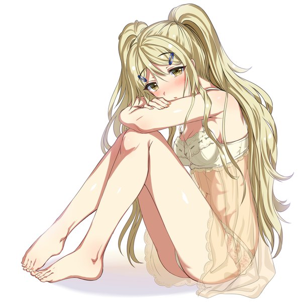 Anime picture 1486x1500 with original arudehido single long hair tall image looking at viewer blush fringe breasts light erotic simple background blonde hair hair between eyes white background sitting twintails yellow eyes payot cleavage full body