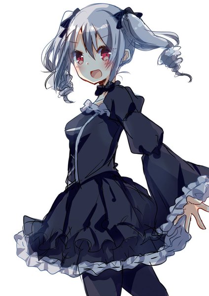 Anime picture 744x1052 with idolmaster idolmaster cinderella girls kanzaki ranko asanagi kurumi (panda-doufu) single tall image blush fringe short hair open mouth simple background hair between eyes red eyes white background twintails looking away silver hair drill hair short twintails lolita fashion