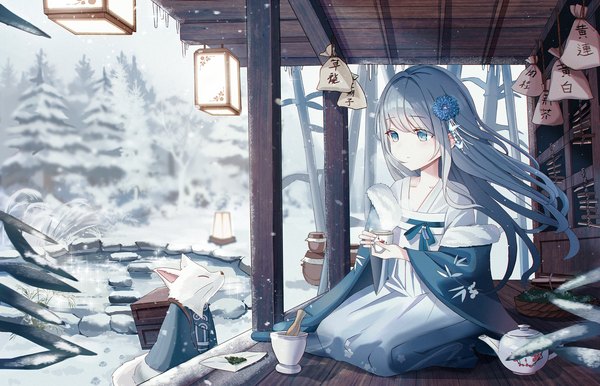 Anime picture 2333x1500 with original iren lovel single long hair blush fringe highres blue eyes sitting holding silver hair full body traditional clothes hair flower wind blurry wide sleeves sparkle hieroglyph looking down