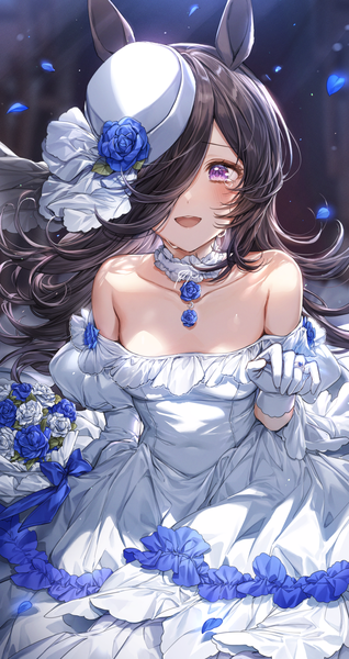 Anime picture 1061x2000 with umamusume rice shower (umamusume) pillo single long hair tall image looking at viewer blush fringe open mouth black hair purple eyes animal ears :d hair over one eye tears frilled dress horse ears happy tears girl