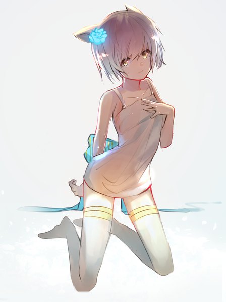 Anime picture 1632x2184 with original tarbo (exxxpiation) single tall image fringe short hair simple background hair between eyes animal ears yellow eyes looking away silver hair full body hair flower cat ears grey background cat girl no shoes zettai ryouiki kneeling