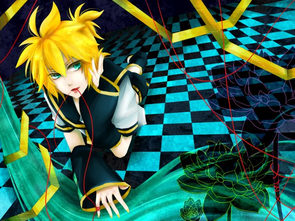 Anime picture 1200x900 with vocaloid kagamine len short hair blonde hair green eyes checkered floor boy flower (flowers) ribbon (ribbons) detached sleeves thread