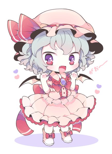 Anime picture 654x900 with touhou remilia scarlet kyou (nekoneko) single tall image blush fringe short hair open mouth simple background red eyes white background purple eyes looking away full body :d grey hair fang (fangs) chibi bat wings