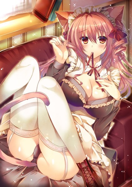 Anime picture 1158x1637 with original hanpen (hannpenn2) single long hair tall image looking at viewer blush fringe breasts light erotic brown hair large breasts twintails brown eyes animal ears bent knee (knees) tail animal tail cat ears cat girl