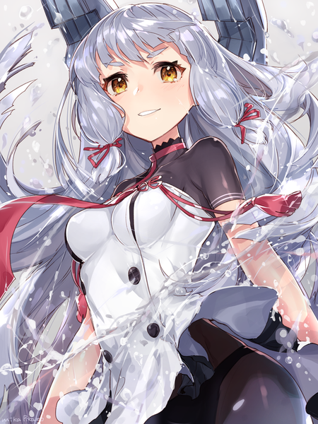 Anime-Bild 1125x1500 mit kantai collection murakumo destroyer mika pikazo single long hair tall image looking at viewer blush fringe breasts light erotic smile signed yellow eyes silver hair upper body parted lips from below short sleeves floating hair